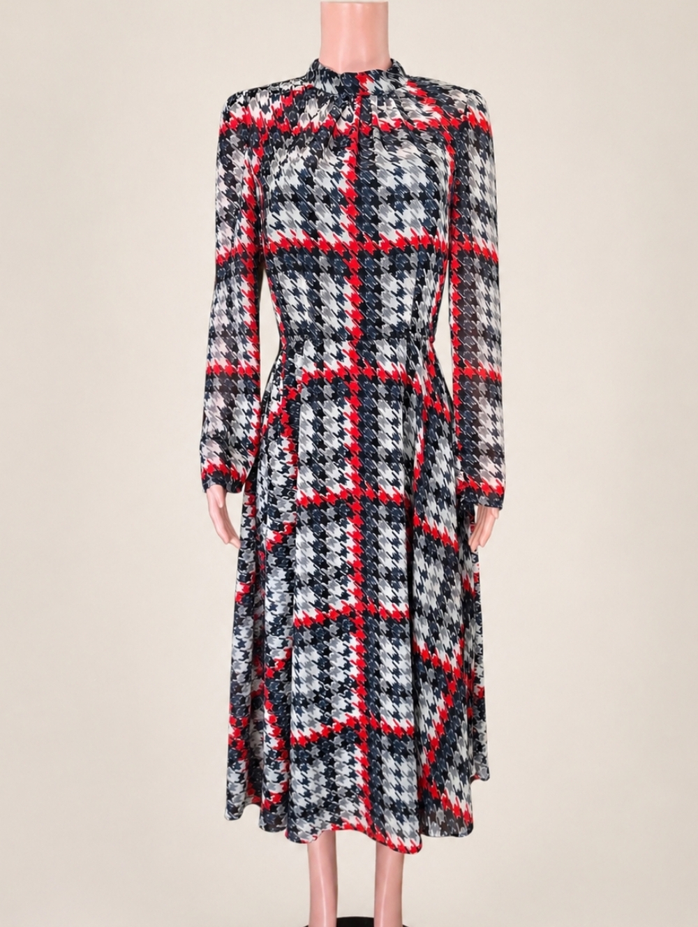 Eliza J Red, Grey, & Black Houndstooth Midi Dress
